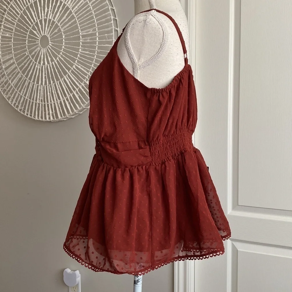 Torrid - Peplum Clip Dot Shirred Bust Lace Trim Top in Brick Red​​​​​​​​​ - Picture 5 of 12